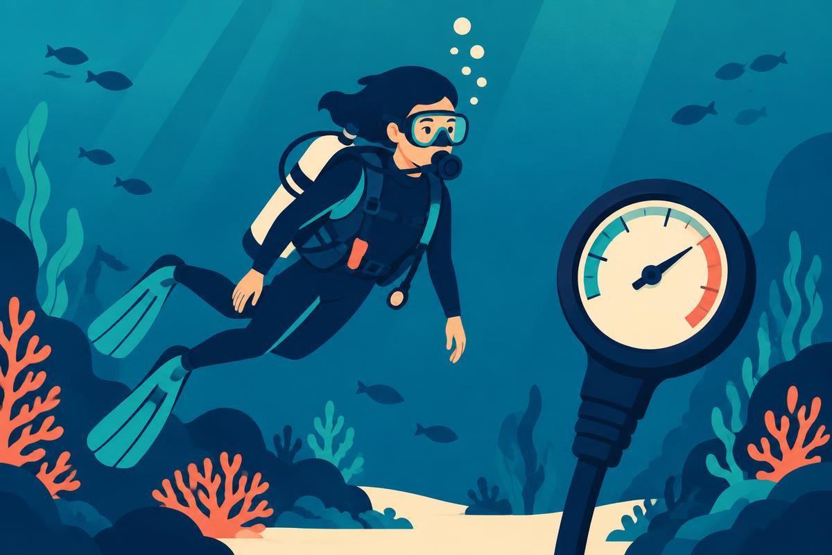 Flat illustration of a diver breathing calmly while checking a pressure gauge