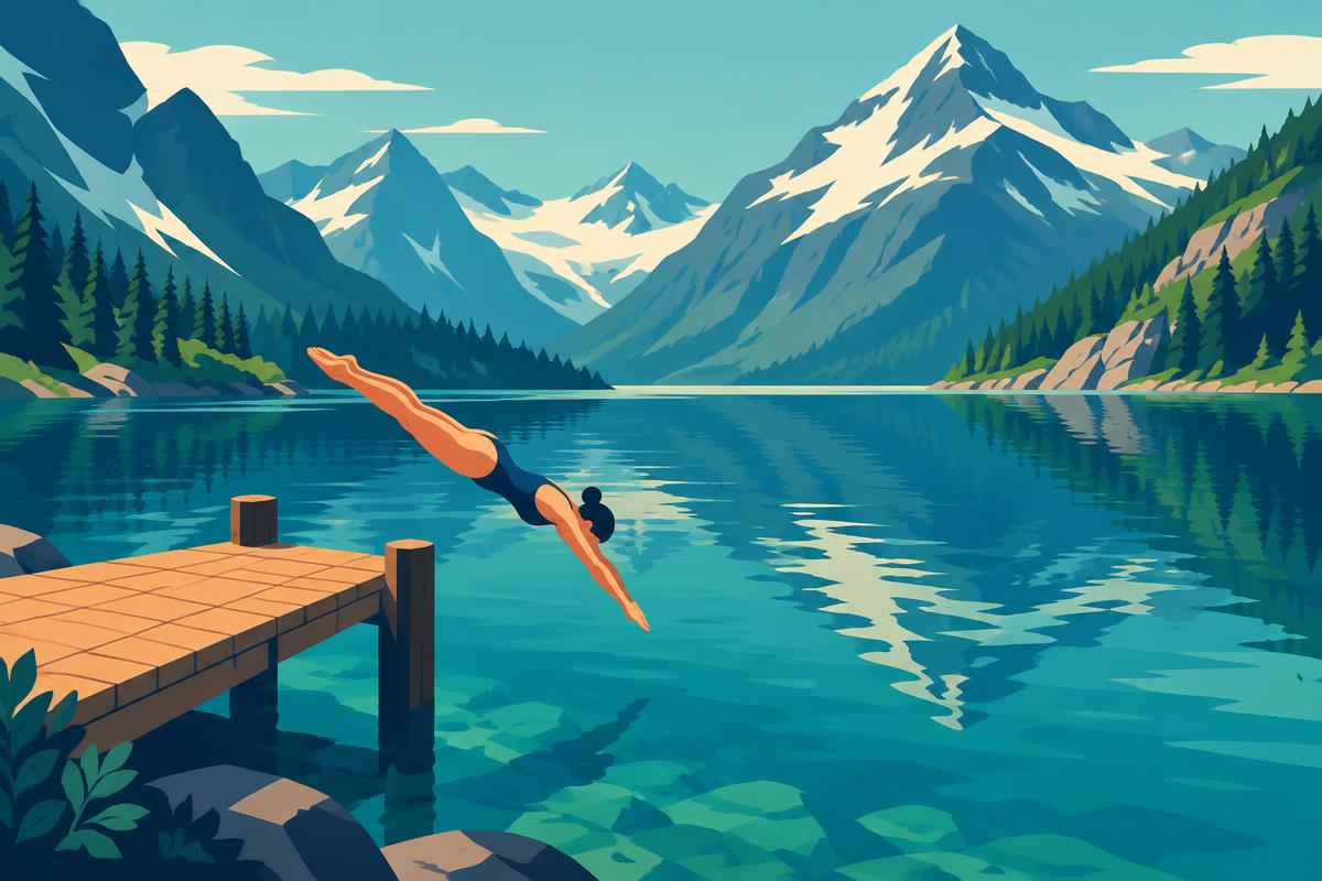 A flat illustration of a mountain lake