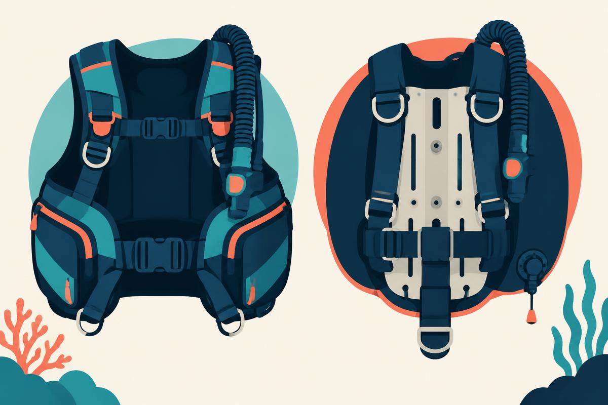Flat illustration showing a jacket-style BCD and a back-inflate wing side by side