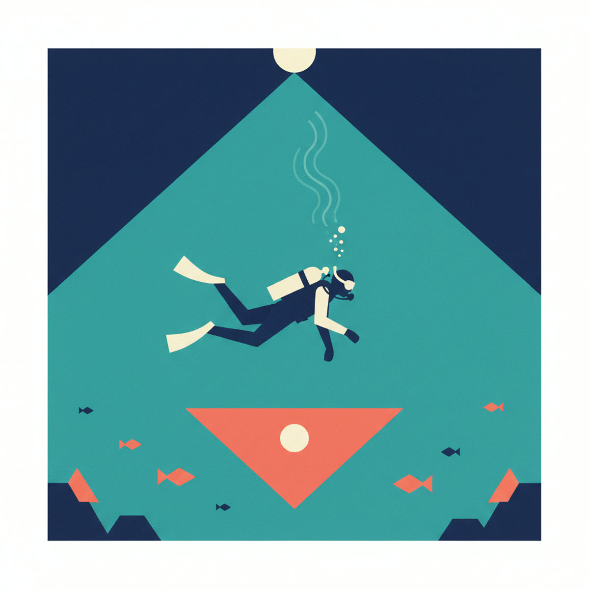 A flat, modern illustration of a diver in mid-water, surrounded by blue, with a subtle depth gradient and small, distant fish.