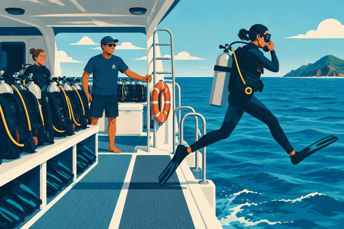 Divers preparing gear in an orderly line aboard a dive boat