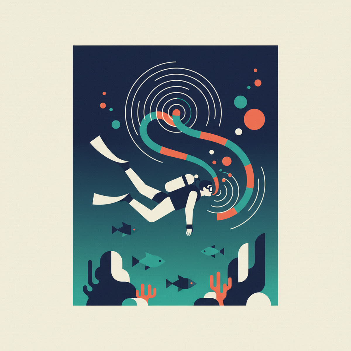 A flat, modern illustration of a diver in profile, exhaling bubbles rhythmically, with a calm expression. Subtle wavy lines indicate water.