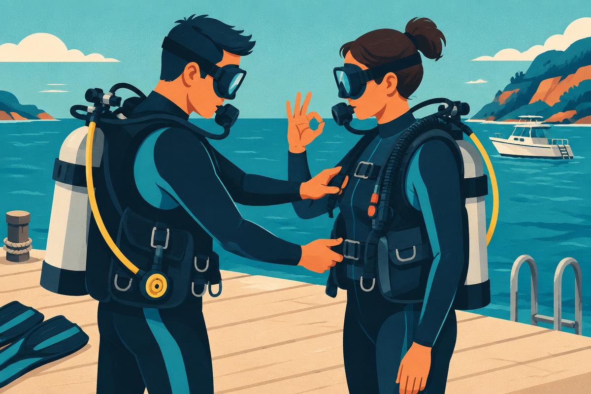 Two divers checking each other’s equipment before entering the water