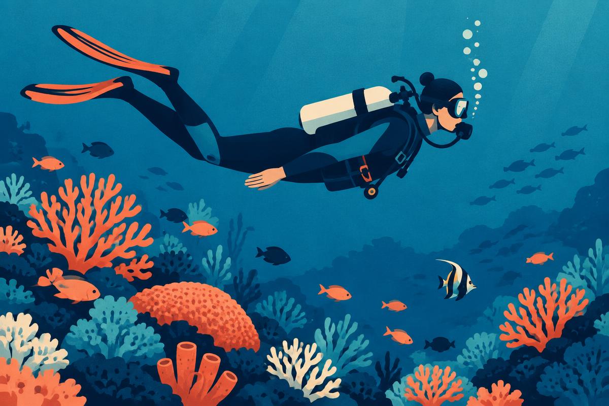Illustration of a diver hovering clear of a rocky seabed