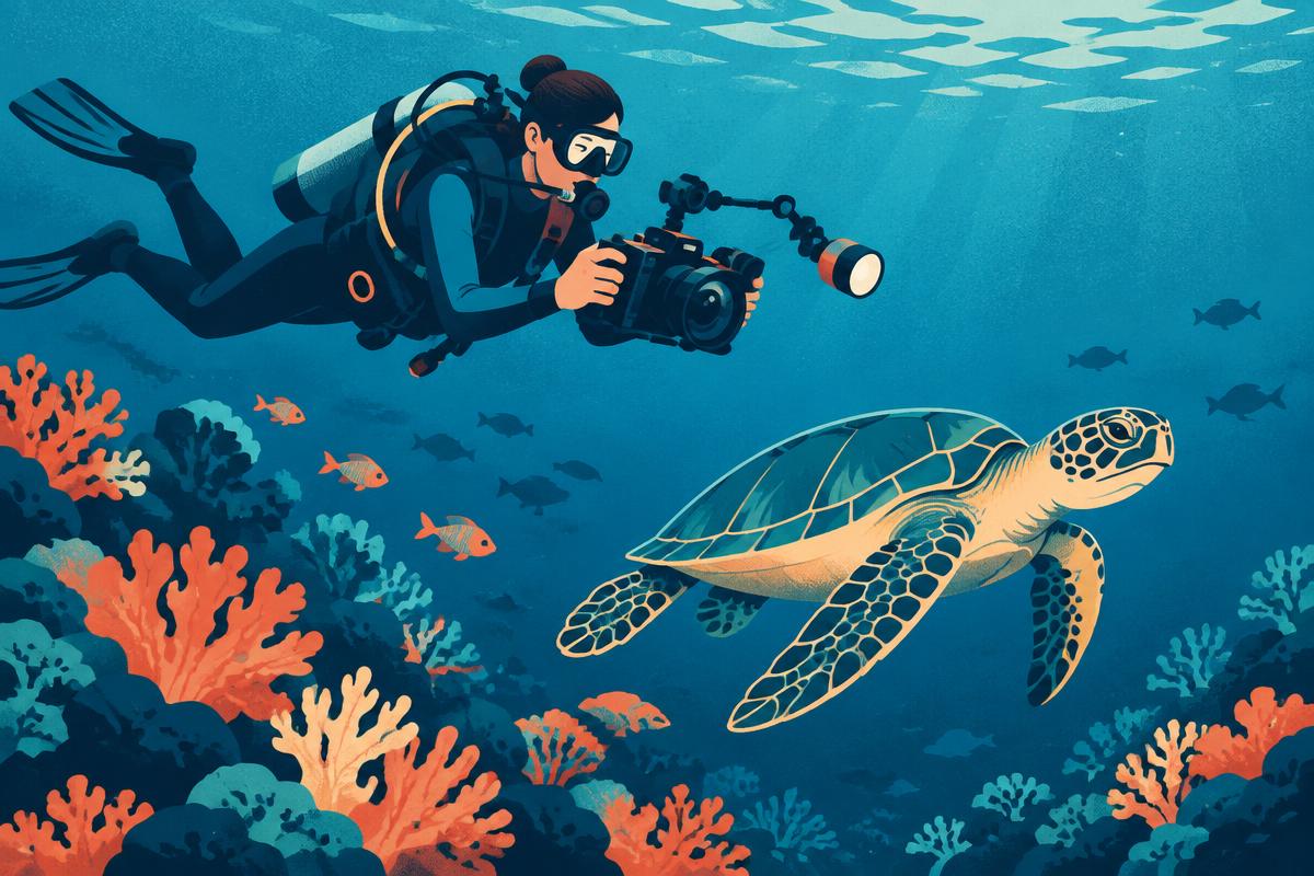 Diver holding a compact underwater camera while hovering above a reef
