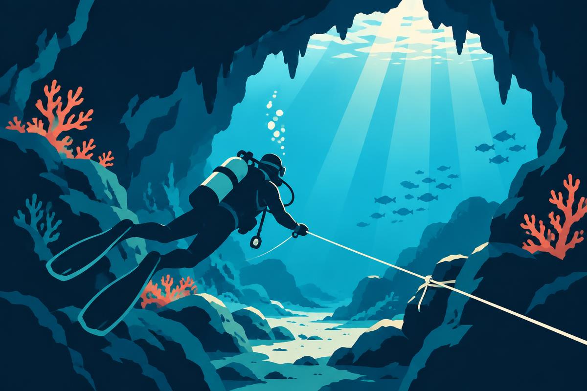 Flat illustration of a diver at the entrance of a sunlit underwater cavern