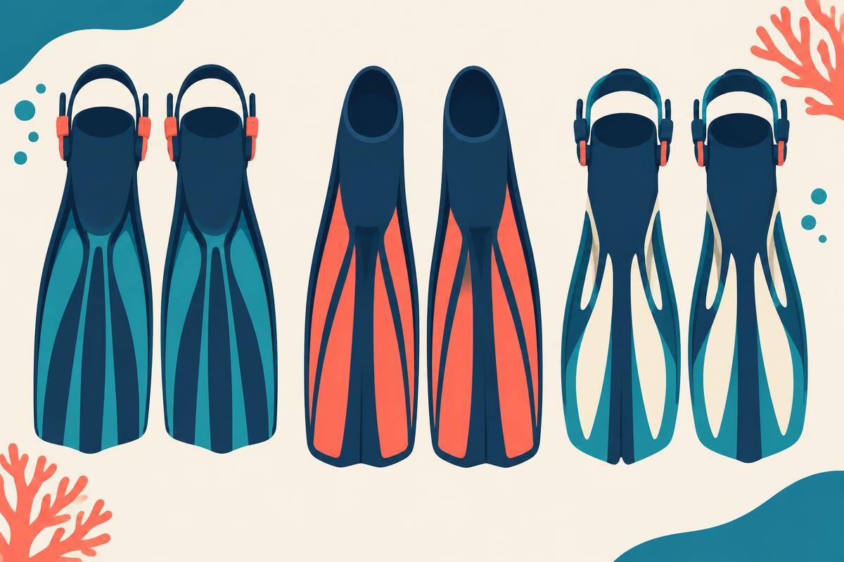 Flat illustration of several different styles of diving fins arranged neatly