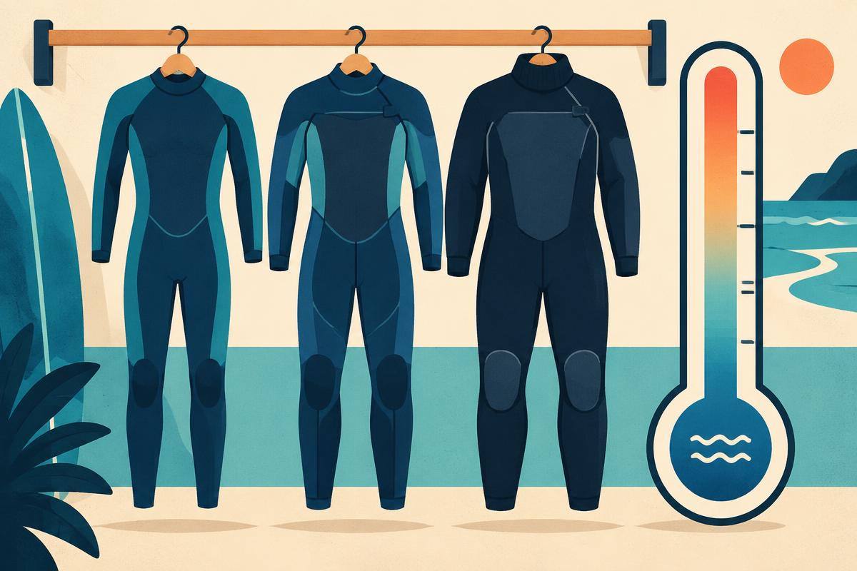 Row of wetsuits of varying thickness hanging in a dive shop