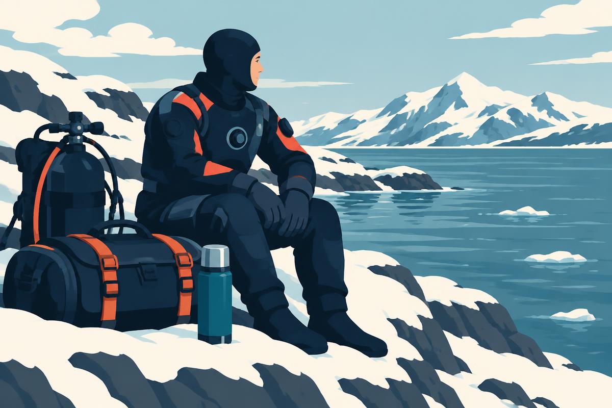 Flat illustration of a diver in a thick exposure suit checking their equipment on a boat