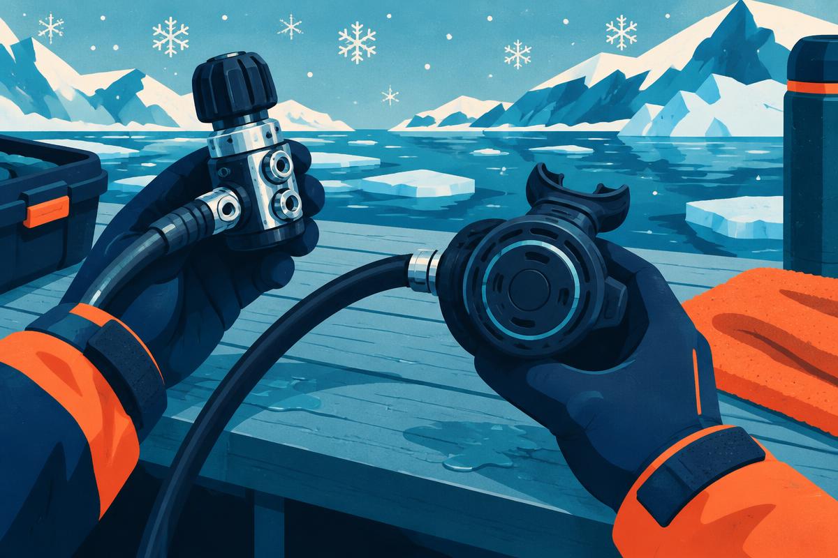 Modern recreational scuba regulator set prepared for inspection