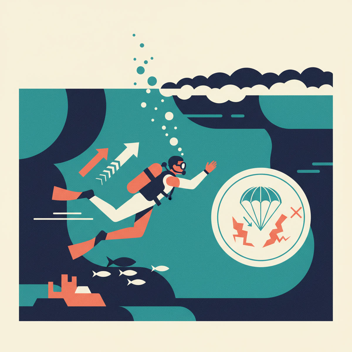 A flat, modern illustration depicting a diver performing a controlled emergency swimming ascent towards the surface, with a dive buddy nearby and a boat visible above.