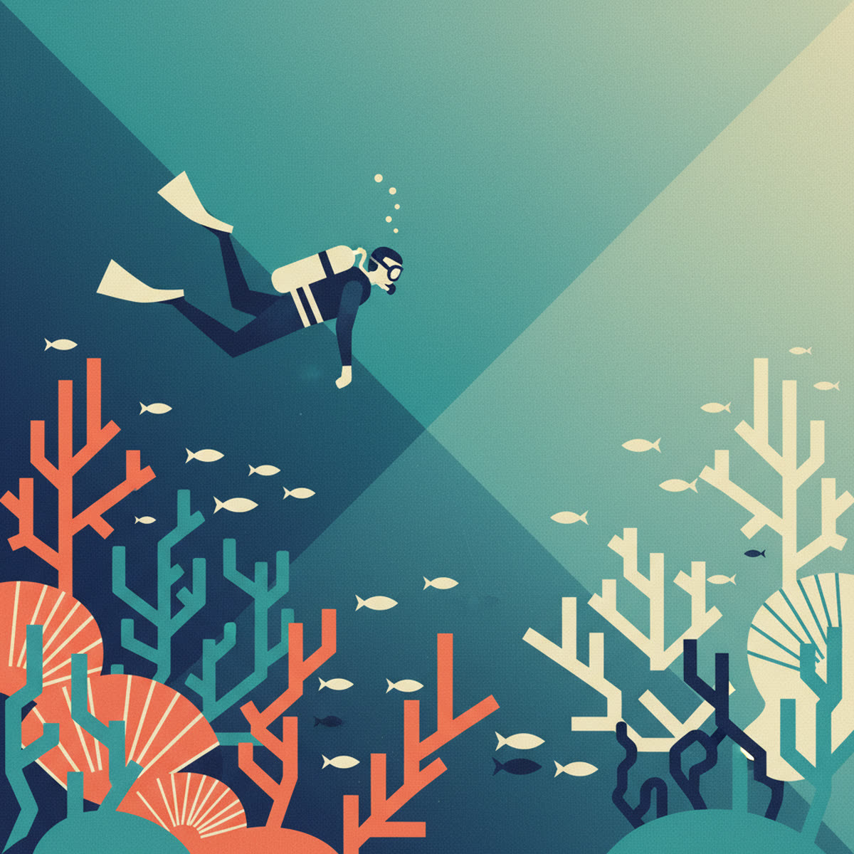 A flat, modern illustration depicting a healthy, colorful coral reef on one side transitioning to a pale, bleached coral reef on the other, with a diver observing the change.