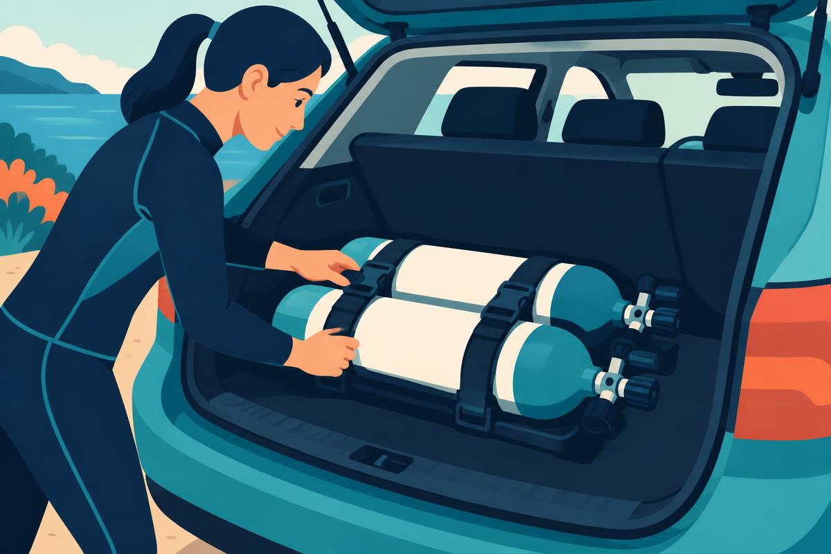 A scuba cylinder being secured in a vehicle
