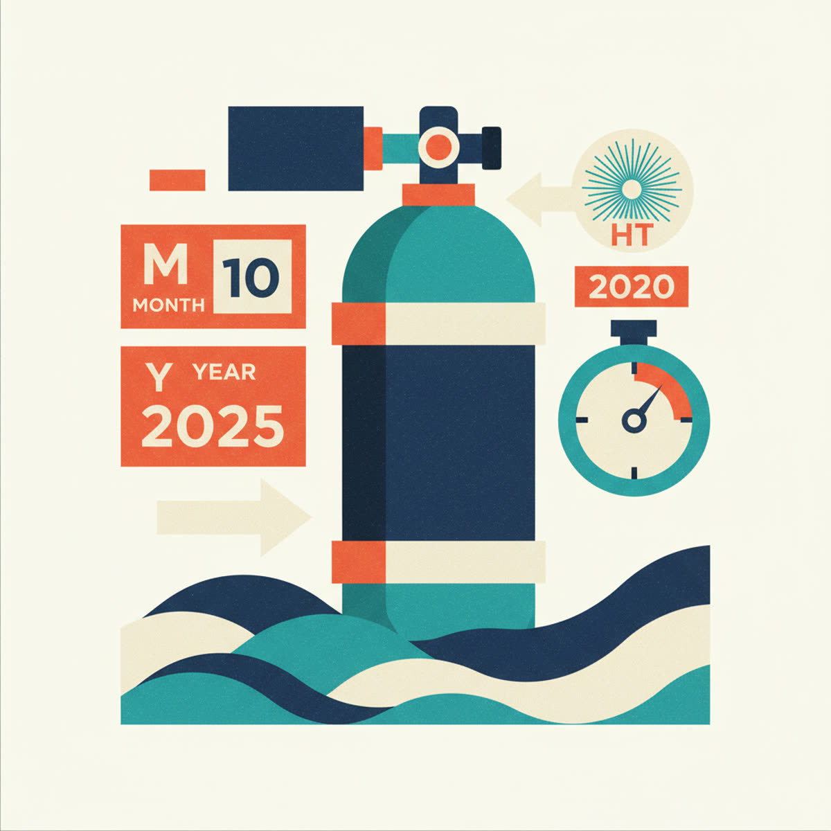 A modern, flat illustration showing a diving cylinder with various inspection stamps and a calendar icon highlighting test dates.