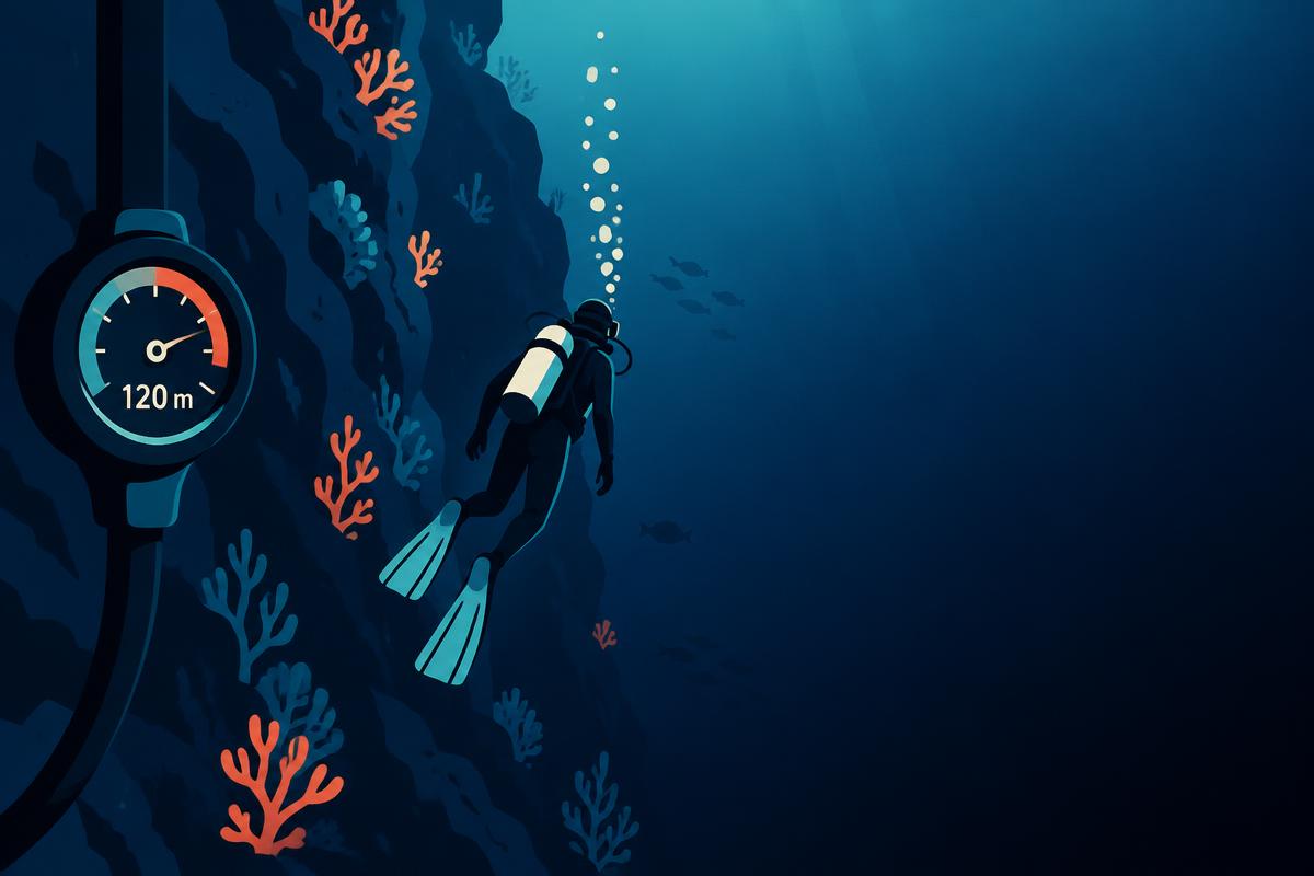 A diver looking at their computer screen with a slightly dazed expression