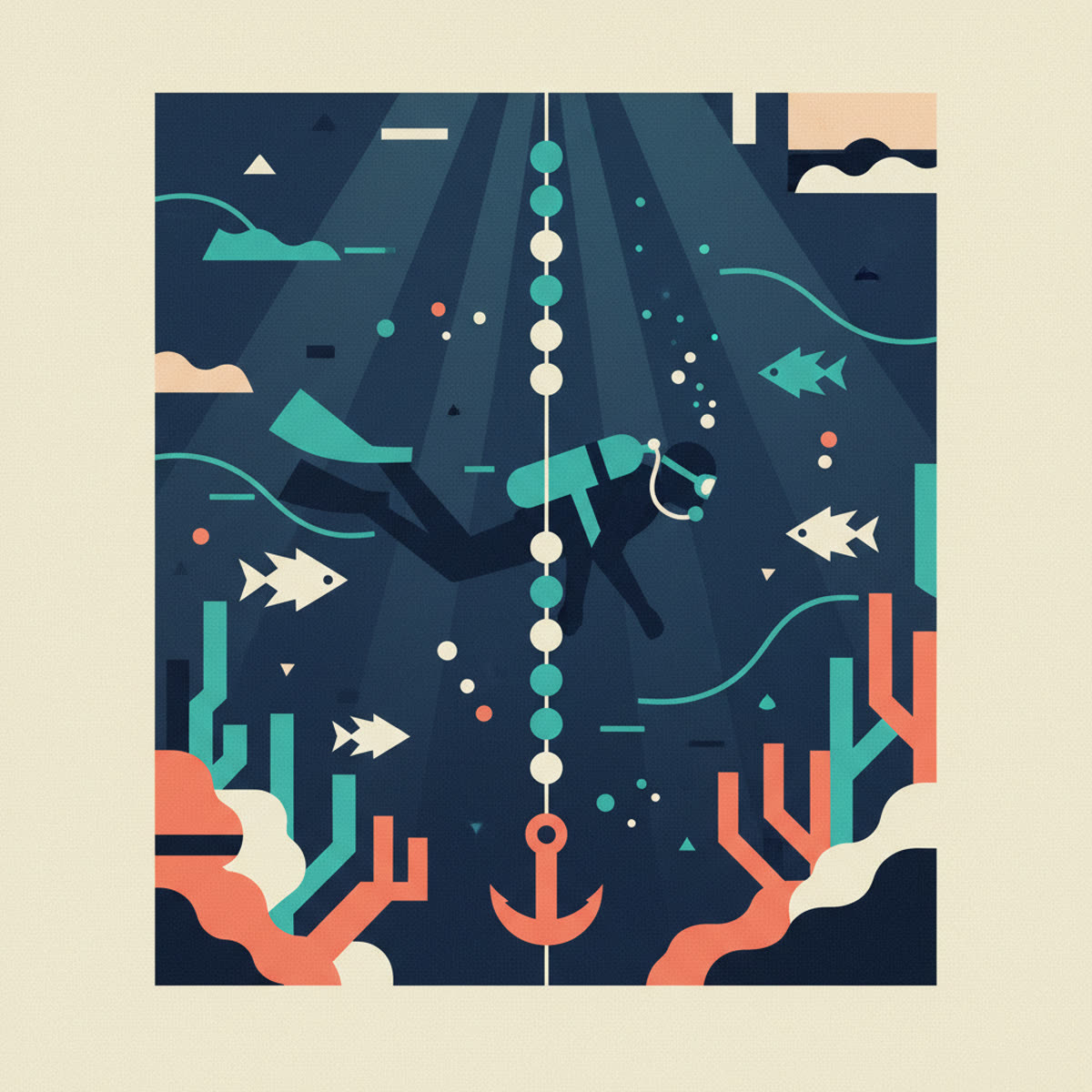 A flat, modern illustration depicting a diver descending along a vertical shotline towards a submerged shipwreck, with other divers visible in the background.