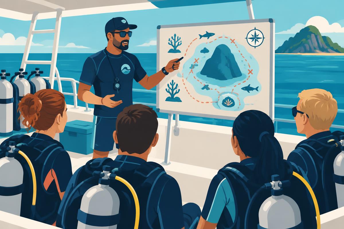A flat illustration of a diver listening to a boat captain