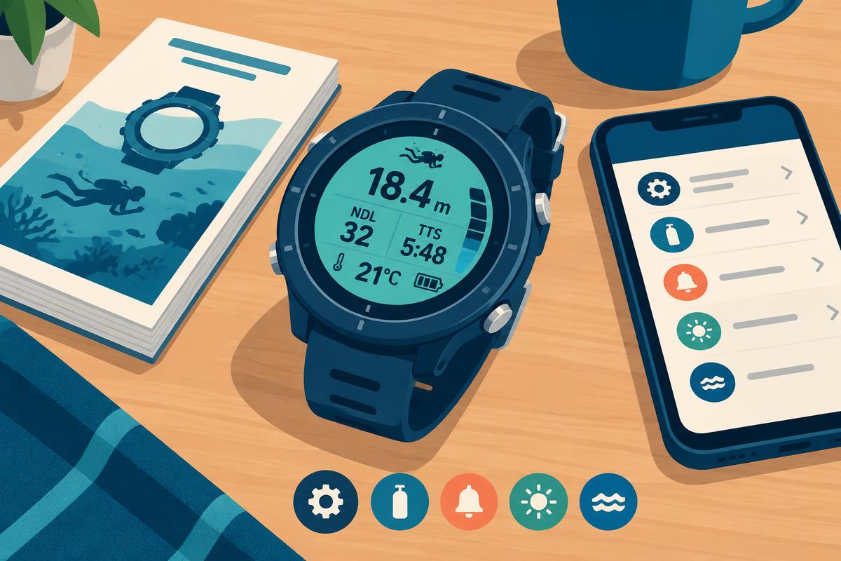 Flat illustration of a diver configuring settings on a wrist-mounted dive computer