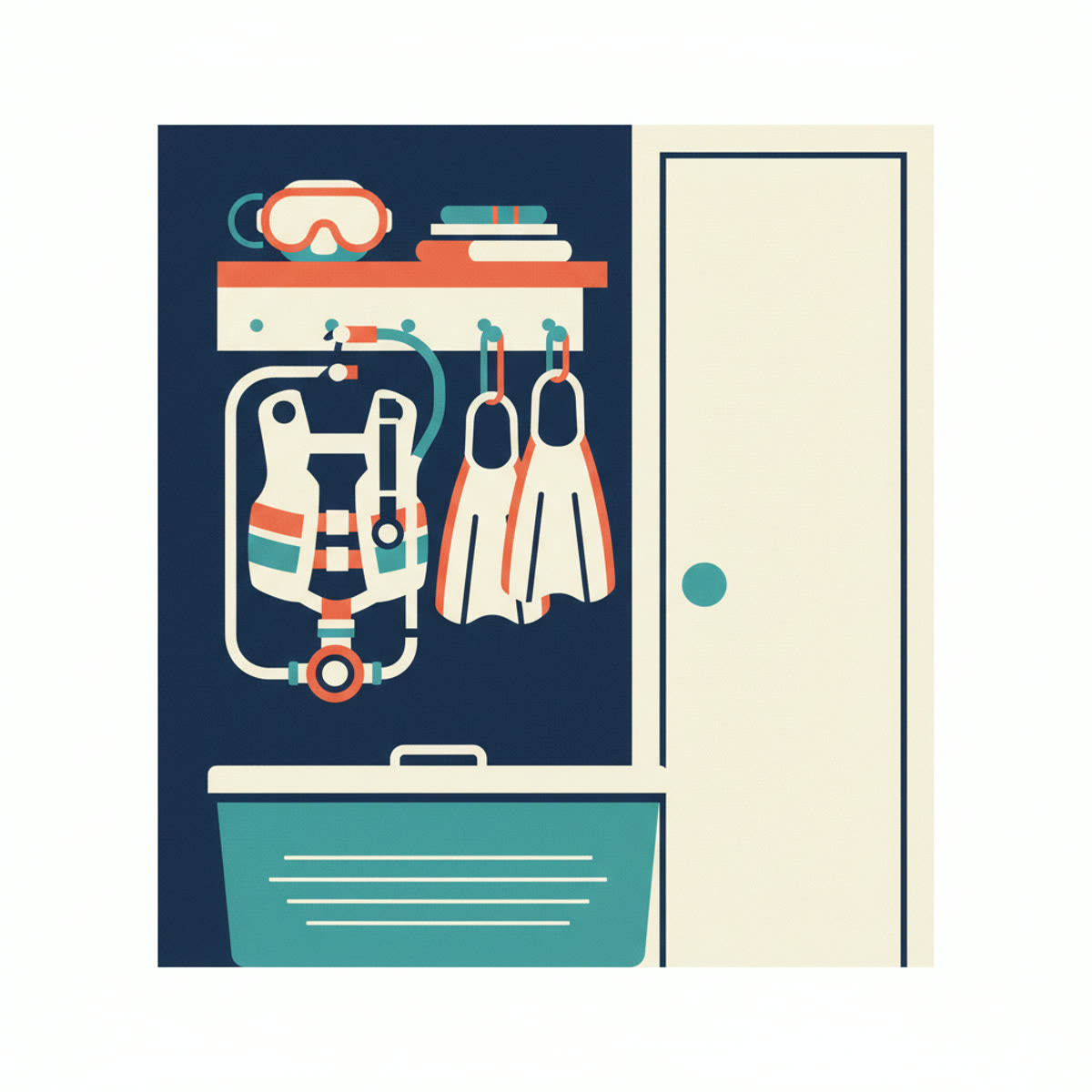 A flat, modern illustration depicting various pieces of diving equipment (mask, fins, regulator, BCD) neatly stored in containers or hung up, against a clean, light background.