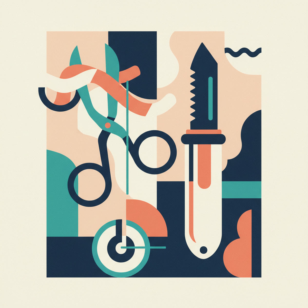 Flat, modern illustration of various diving cutting tools, including a line cutter, dive knife, and shears, arranged neatly with a subtle Siebe Gorman logo.