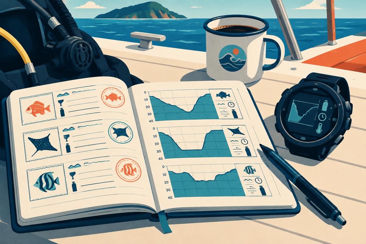 Open dive logbook with a pen beside a dive computer