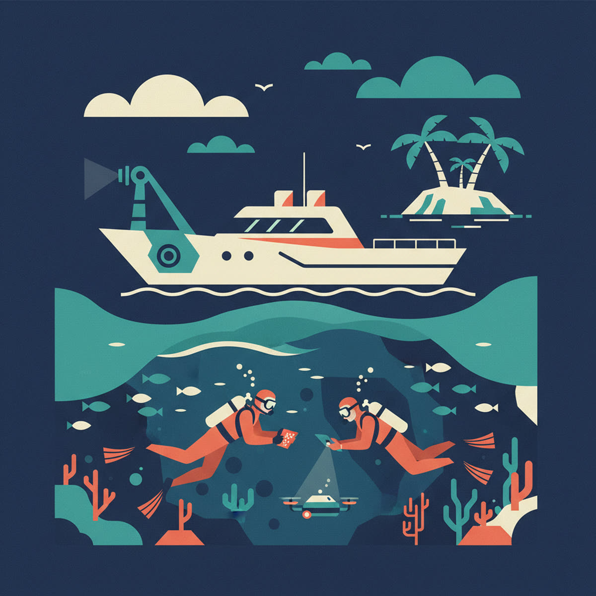 A flat, modern illustration of a diver in full gear consulting a map or tablet while a dive boat is visible in the background, implying research and planning for a new dive site.