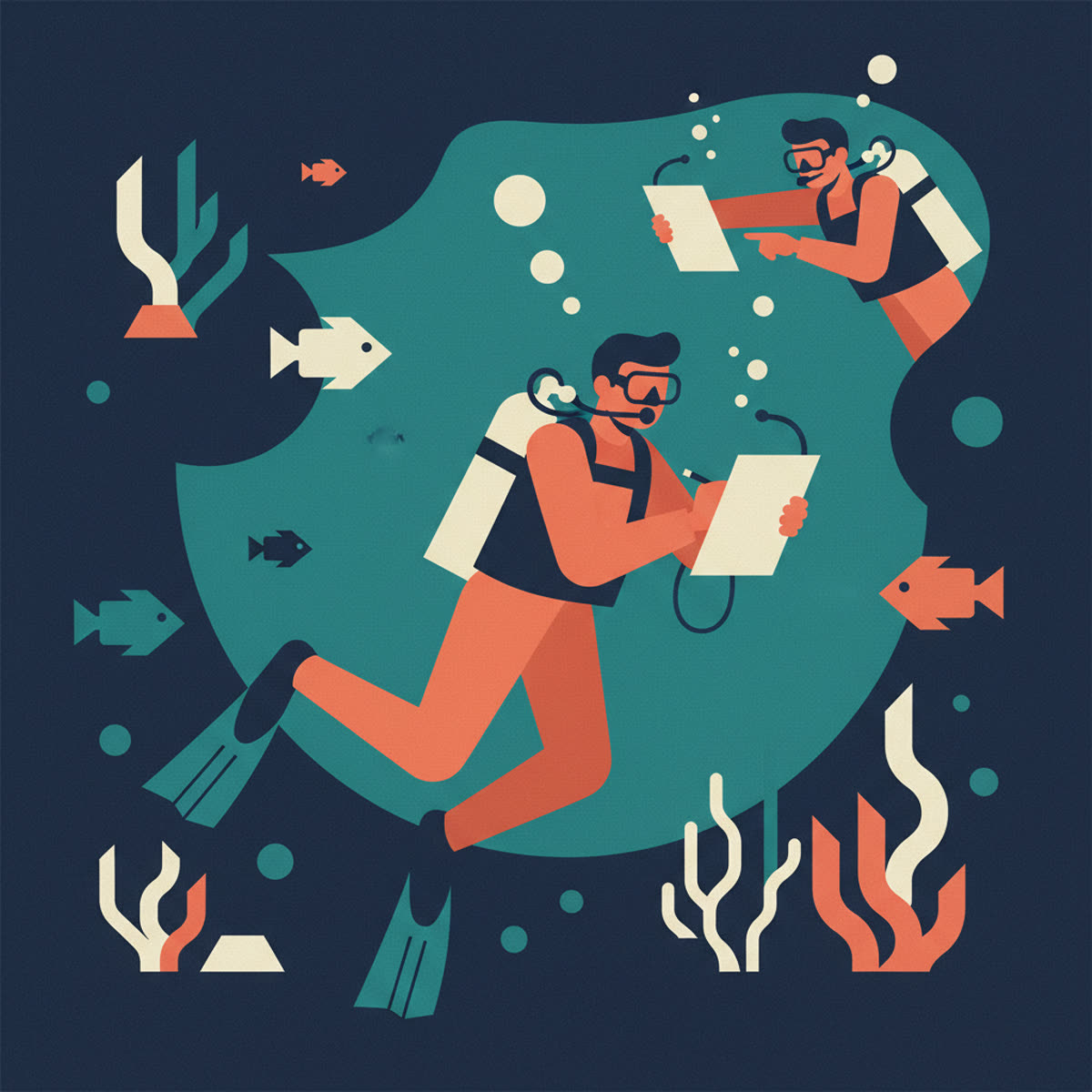 Flat modern illustration of a diver, clearly visible, holding a dive slate and writing on it with an attached pencil, with another diver nearby observing. Bubbles are ascending around them.