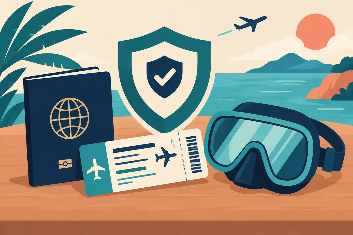 A collection of travel documents and a diving certification card on a desk