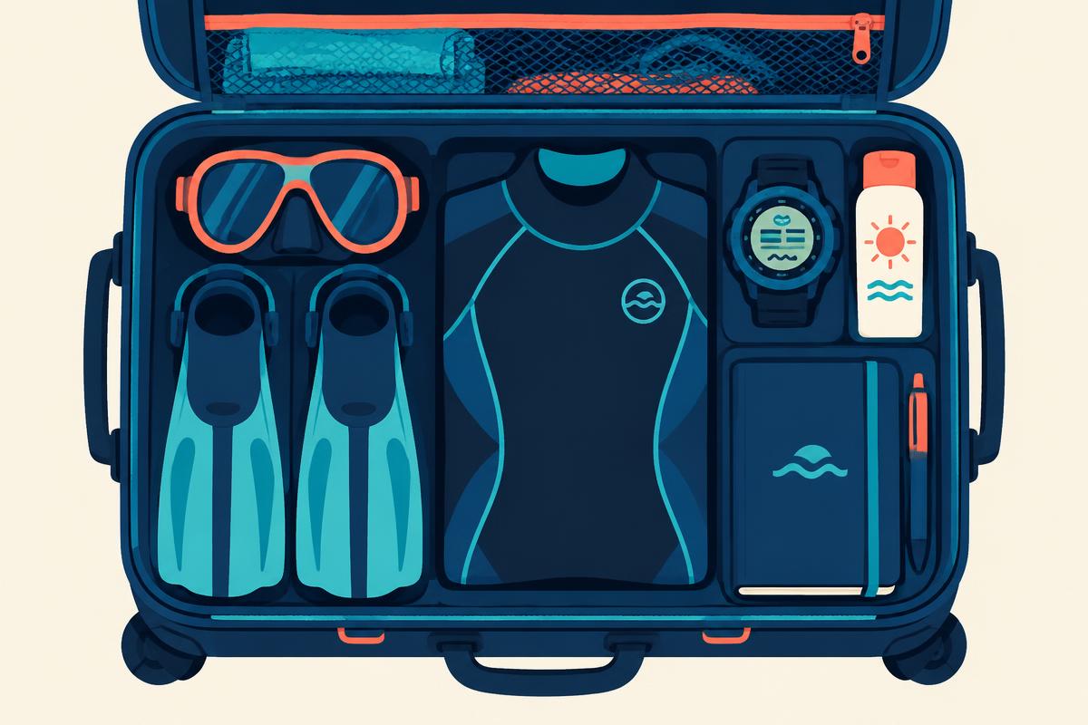 An open suitcase with organised diving gear