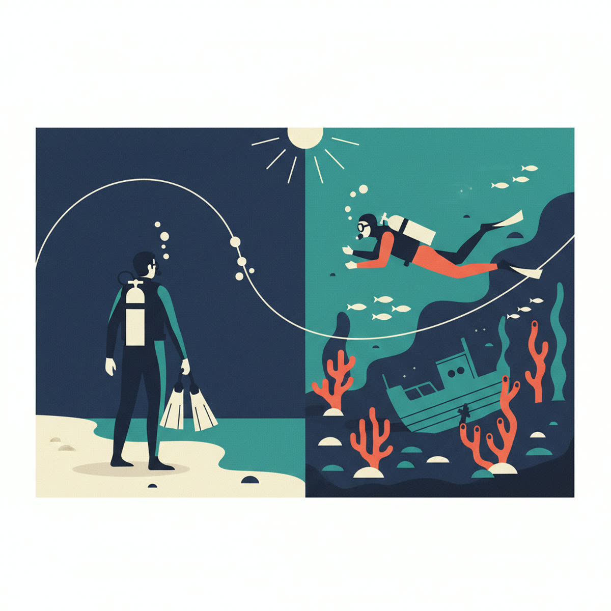 A flat modern illustration showing a diver in full gear looking at a checklist, with a dive boat and ocean in the background, stylized to reflect a heritage brand.