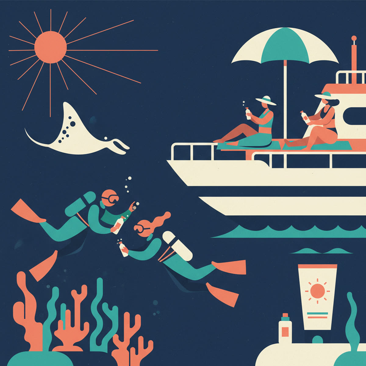 Flat modern illustration of a diver applying sunscreen on a boat deck, with a wide-brimmed hat nearby and the sun shining brightly.