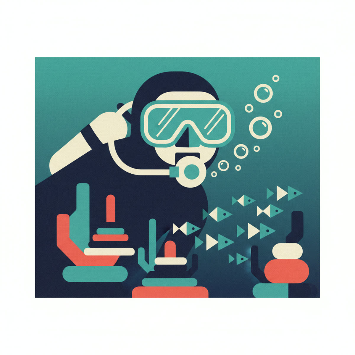 A diver's face partially obscured by a modern, sleek dive mask with visible prescription lenses, featuring a calm, blue underwater background.