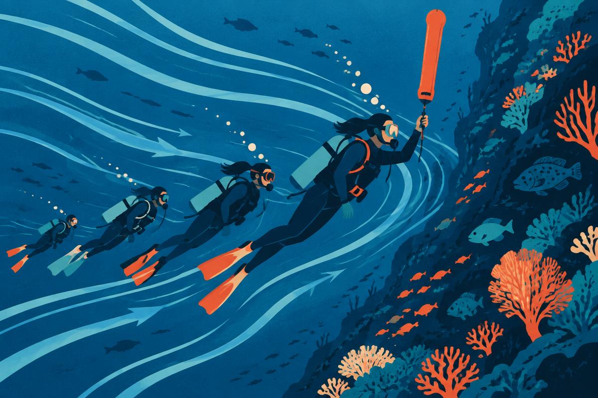 Diver moving effortlessly with a current along a reef wall