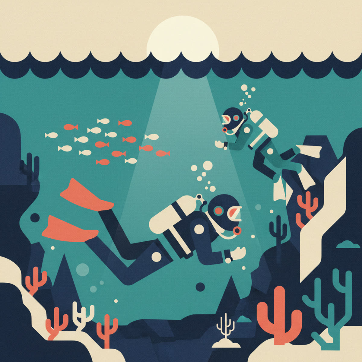 Flat modern illustration of a diver in a drysuit descending with a dive buddy, showcasing the drysuit's bulk and warmth against a cool blue underwater background.