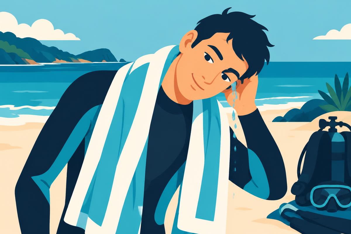 A diver gently drying their ears with a soft towel after a dive