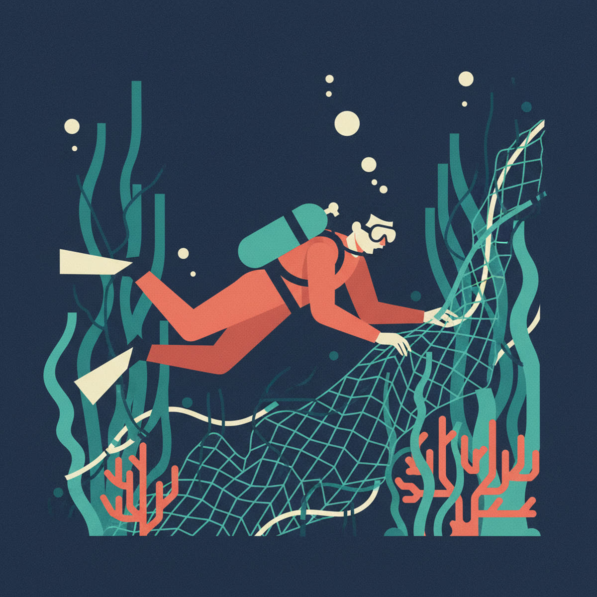 A flat, modern illustration showing a diver in clear water, actively avoiding a fishing net partially draped over a coral reef. The diver is signaling 'OK' to a buddy.