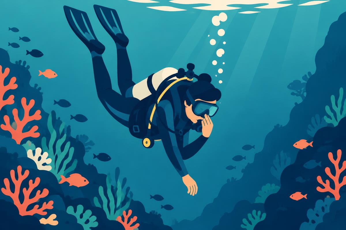 Flat illustration of a diver gesturing towards their ear with a calm expression