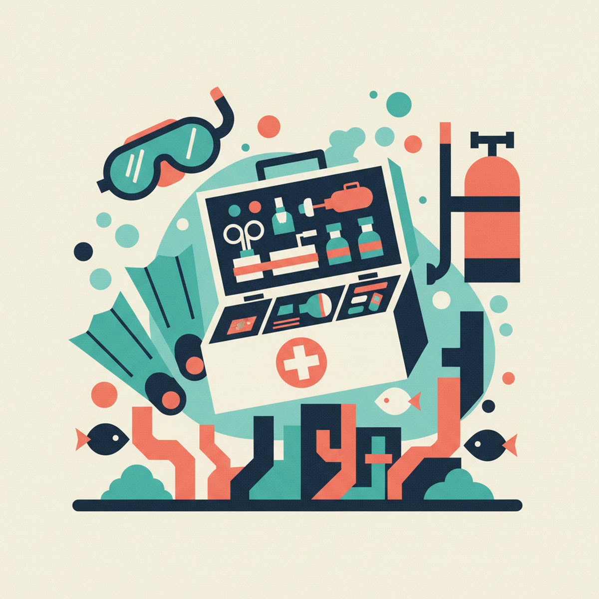 A modern, flat illustration of a compact first-aid kit with various medical supplies neatly arranged inside an open container, possibly featuring a diving mask icon.