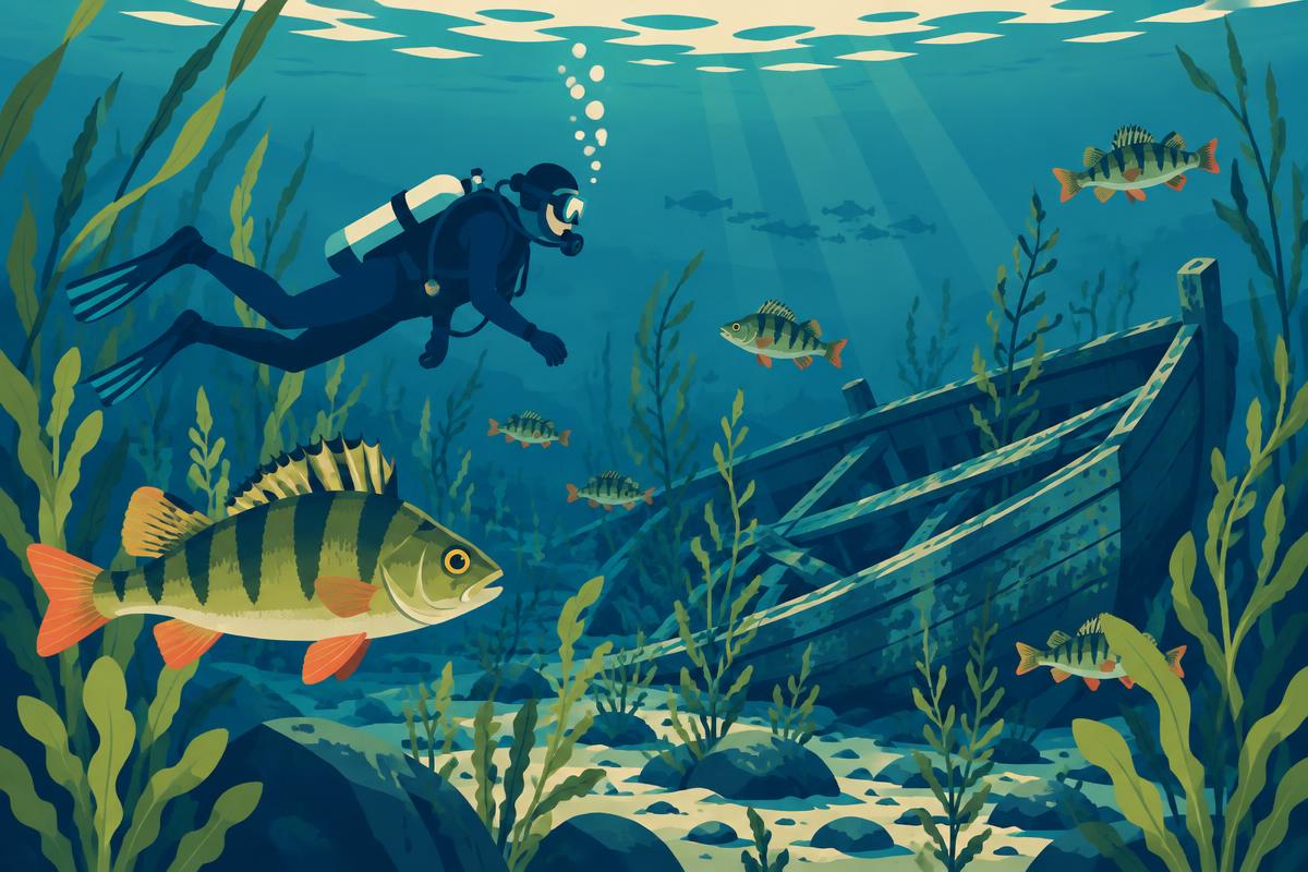 A flat illustration of a lake landscape