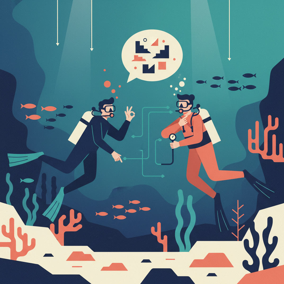 A flat modern illustration showing two divers underwater. One diver points to their pressure gauge while making the 'air shortage' signal with their hand, and the other diver acknowledges with an 'OK' signal. Bubbles rise from their regulators.