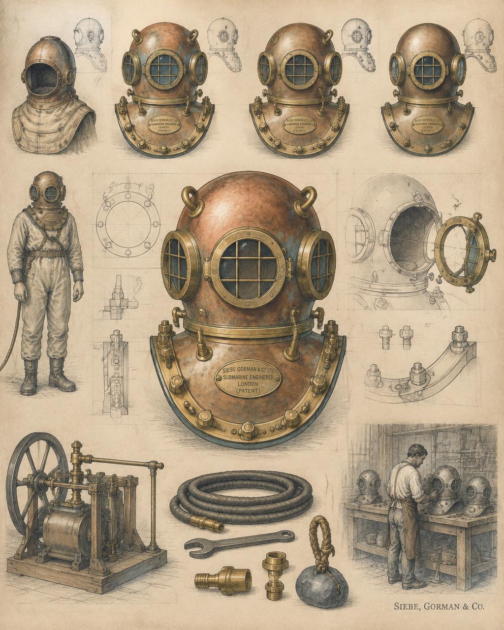 Designer chronology from the 1820s open Deane helmet through the 1839 closed form to twelve- and six-bolt standard-dress helmets