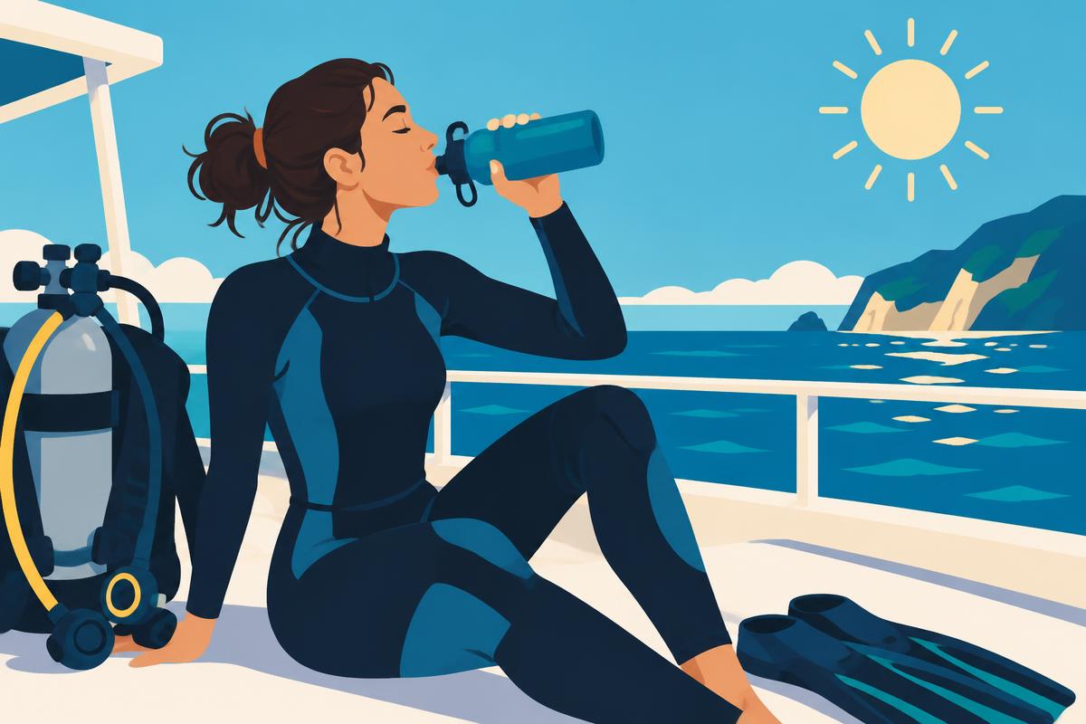 A reusable water bottle next to a diving mask and fins on a sunny boat deck