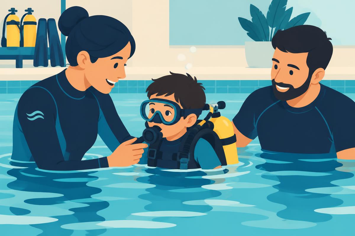 A diver encouraging a family member to try snorkelling