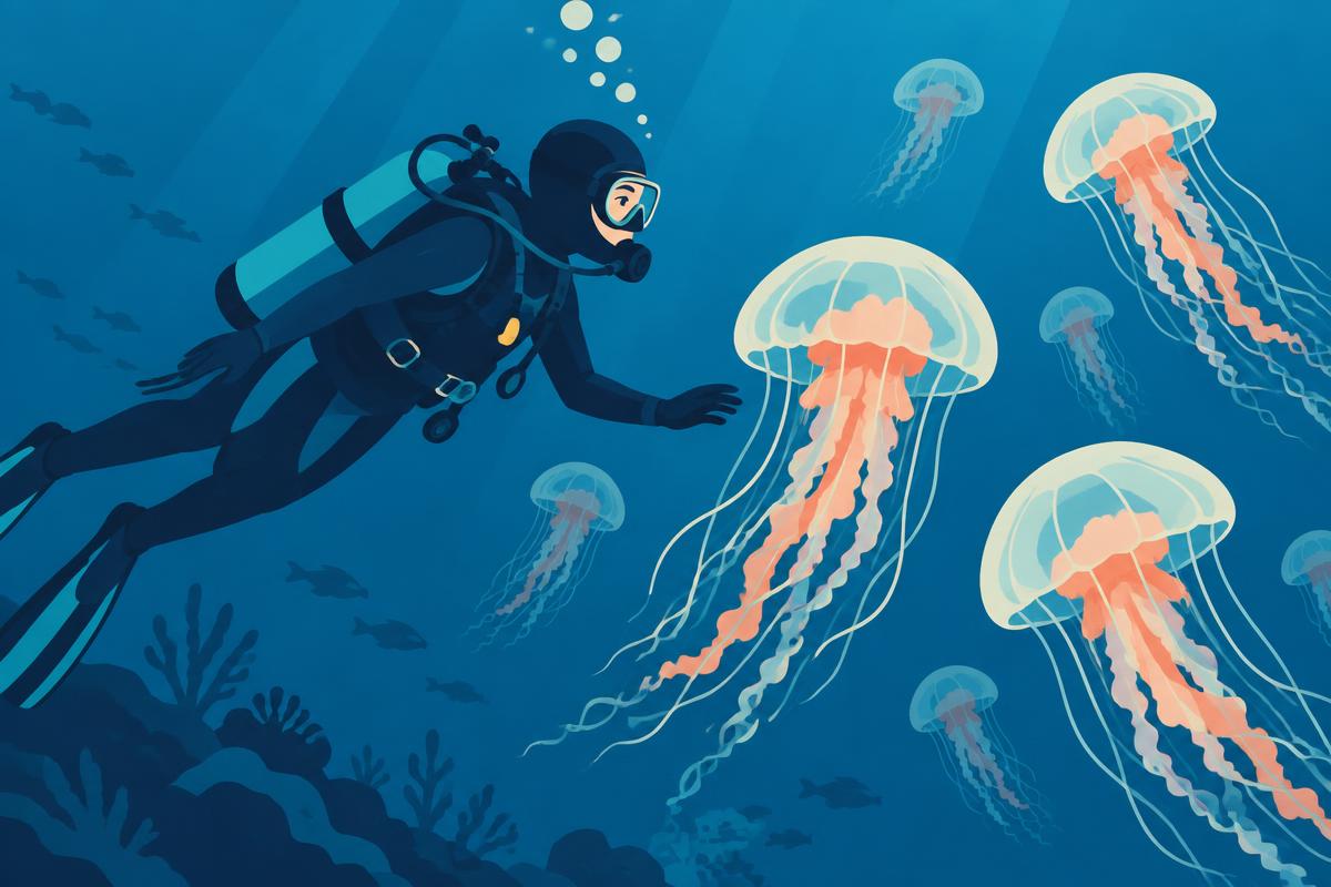 A flat illustration of a translucent jellyfish in blue water