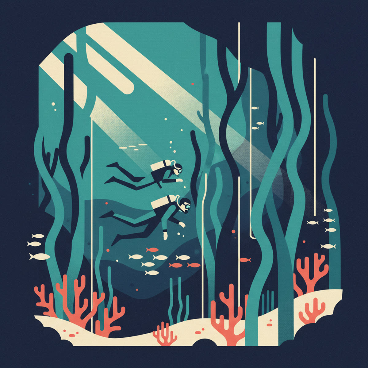 A diver in a full wetsuit with fins and mask, gently navigating through tall, green kelp stalks in clear blue water, with light rays filtering from the surface.