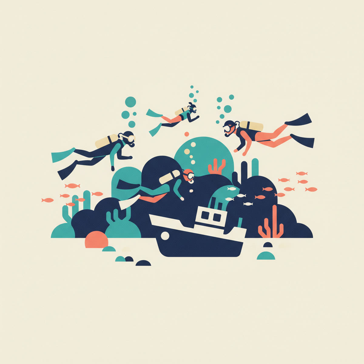 Flat modern illustration of a young diver, perhaps 10-12 years old, wearing a full scuba kit appropriate for their size, giving an 'OK' hand signal underwater, with a certified instructor nearby.