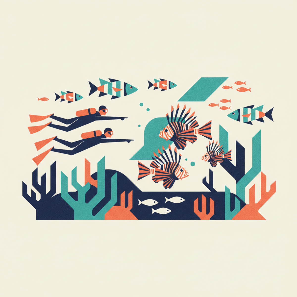 A modern, flat illustration showing a diver in the foreground looking at a diverse coral reef, with a small, distinct invasive species (e.g., lionfish or zebra mussel) highlighted in a contrasting color.