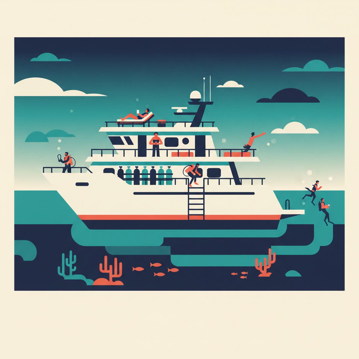 Flat, modern illustration of a liveaboard dive boat with divers in the water, coral reefs, and a clear blue sky.