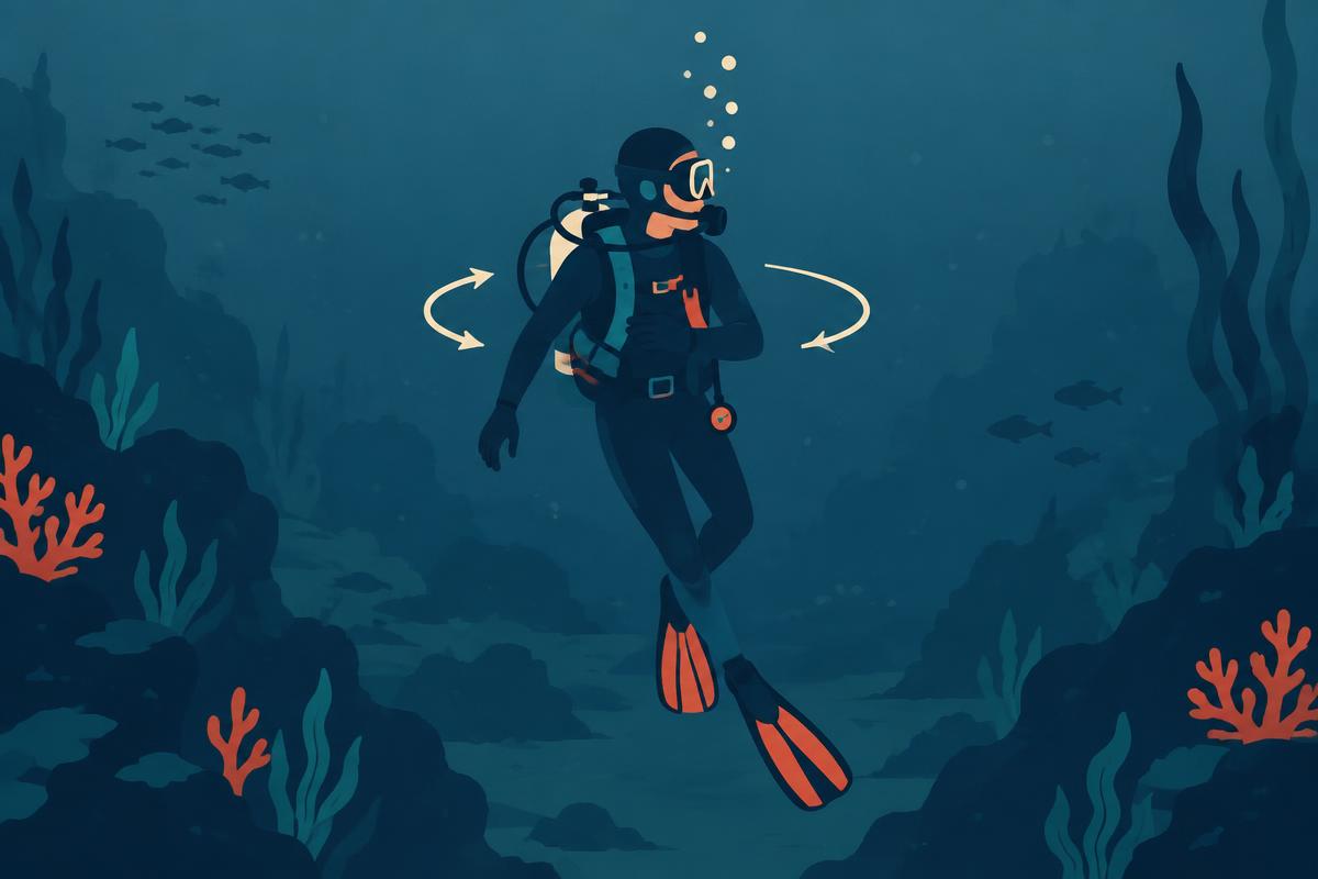 A flat illustration of two divers losing sight of each other