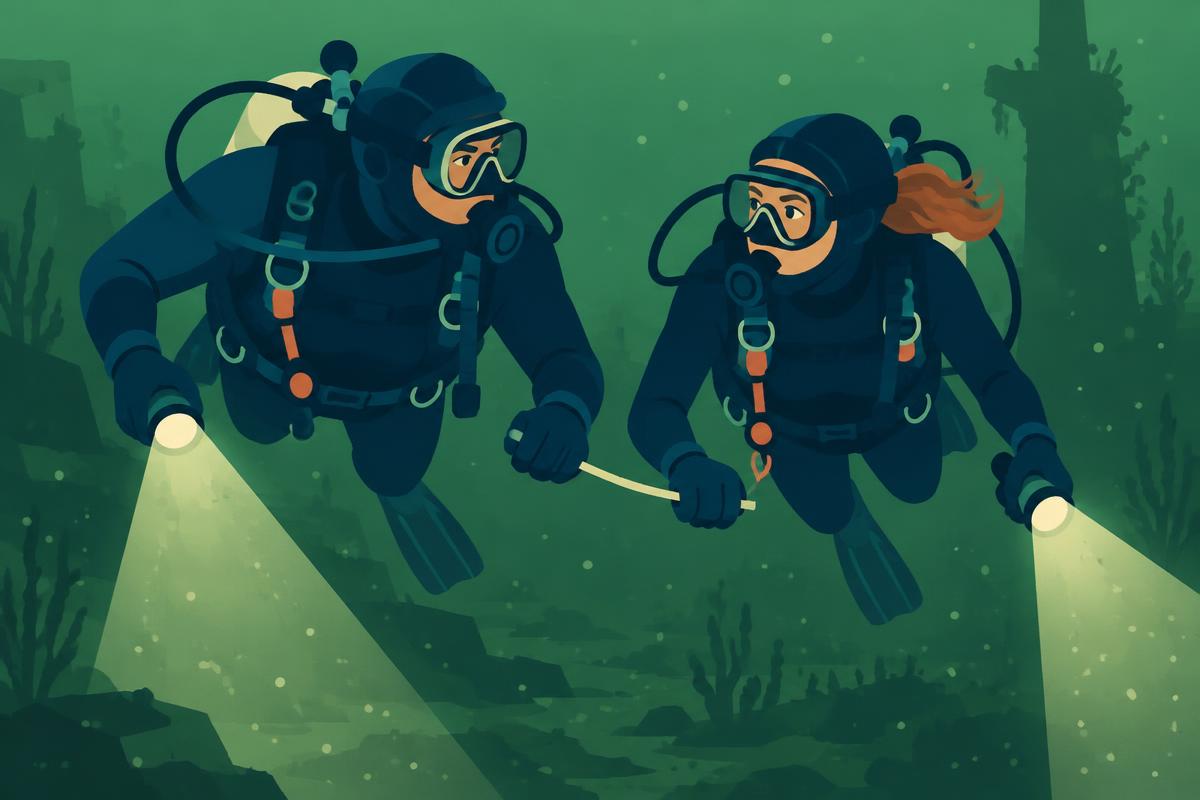 A flat illustration of a diver in murky water